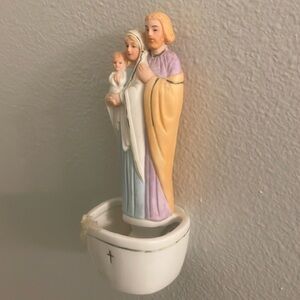 Standing vintage, holy water font porcelain holy family Joseph Mary baby Jesus
